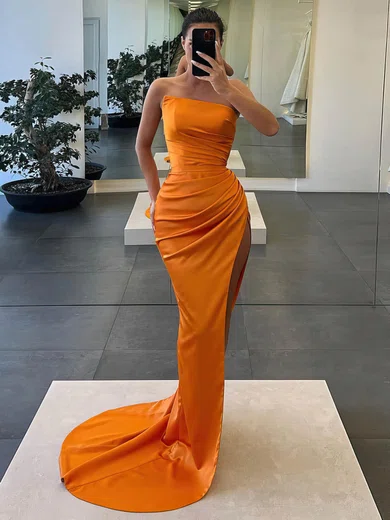 Sheath/Column Strapless Satin Prom Dresses With Ruched #Milly020116024