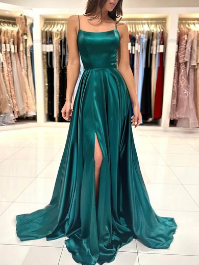 A-line Scoop Neck Silk-like Satin Sweep Train Prom Dresses With Split Front S020116030