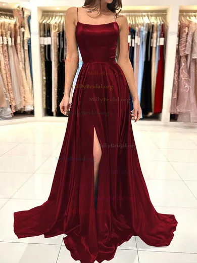 V Neck Satin A Line Burgundy Ruched Prom Dress With Slit V Neck Satin A Line Burgundy Ruched Prom Dress With Slit