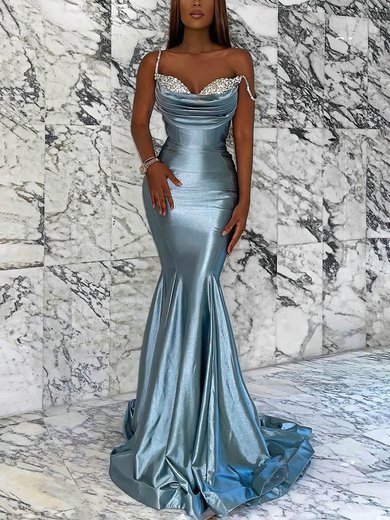 Trumpet/Mermaid V-neck Silk-like Satin Sweep Train Prom Dresses With Beading #Milly020116040