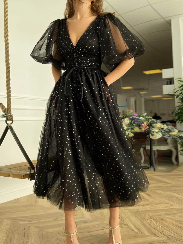 Princess V-neck Tulle Puff Sleeves Long Homecoming Dresses #Milly020116043