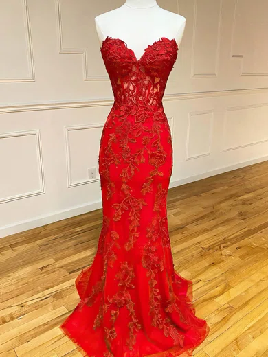 Red Mermaid Strapless Tulle Prom Dresses With Appliques #Milly020116047