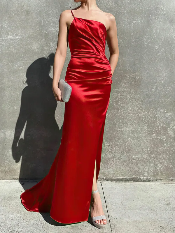 Sheath/Column One Shoulder Satin Prom Dresses With Ruched #Milly020116055