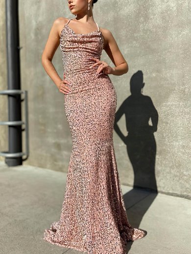 Trumpet/Mermaid Cowl Neck Sequined Sweep Train Prom Dresses #Milly020116057