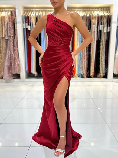 Sheath/Column One Shoulder Silk-like Satin Sweep Train Prom Dresses With Split Front #Milly020116066