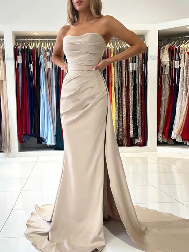 Sheath/Column Strapless Silk-like Satin Sweep Train Prom Dresses With Split Front #Milly020116068