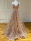 A-line V-neck Tulle Glitter Sweep Train Appliques Lace Prom Dresses #Milly020116072