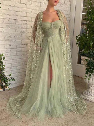 A-line Square Neckline Tulle Sequined Sweep Train Prom Dresses With Split Front S020116073