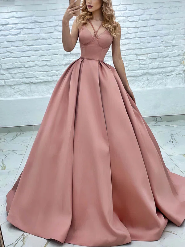 Ball Gown V-neck Satin Sweep Train Prom Dresses With Sashes / Ribbons #Milly020116076