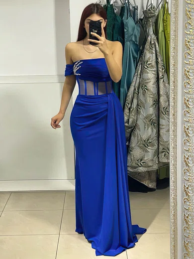 Sheath/Column Off-the-shoulder Silk-like Satin Floor-length Ruffles Prom Dresses #Milly020116080
