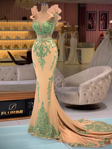 Mermaid Scoop Neck Jersey Prom Dresses With Appliques #Milly020116091