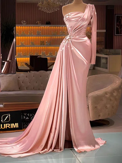 Sheath/Column One Shoulder Satin Prom Dresses With Ruched #Milly020116093