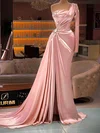 Sheath/Column One Shoulder Silk-like Satin Sweep Train Beading Prom Dresses #Milly020116093