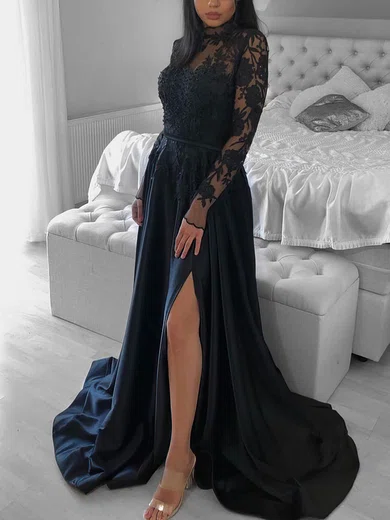 Ball Gown/Princess High Neck Satin Tulle Sweep Train Prom Dresses With Appliques Lace #Milly020116095
