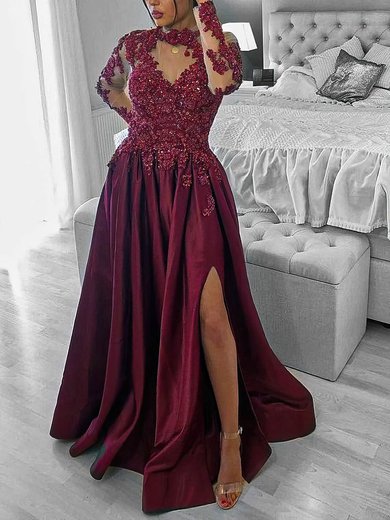 Ball Gown/Princess High Neck Satin Tulle Sweep Train Prom Dresses With Appliques Lace #Milly020116097