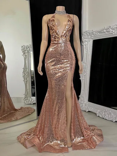 Mermaid V-neck Sparkly Sequin Prom Dresses With Floral #Milly020116100