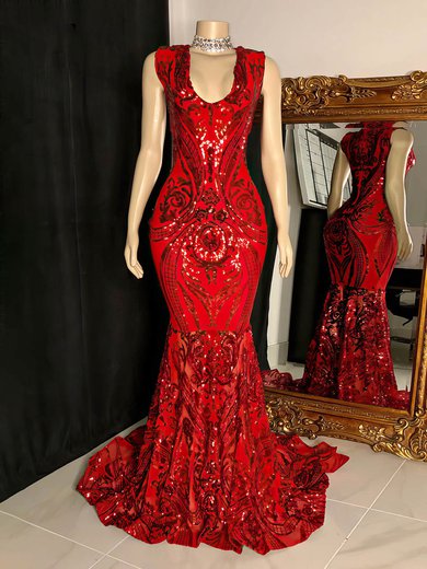 Trumpet/Mermaid V-neck Sequined Sweep Train Prom Dresses #Milly020116101
