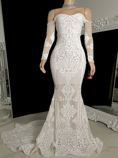 Trumpet/Mermaid Off-the-shoulder Lace Sweep Train Appliques Lace Prom Dresses #Milly020116102