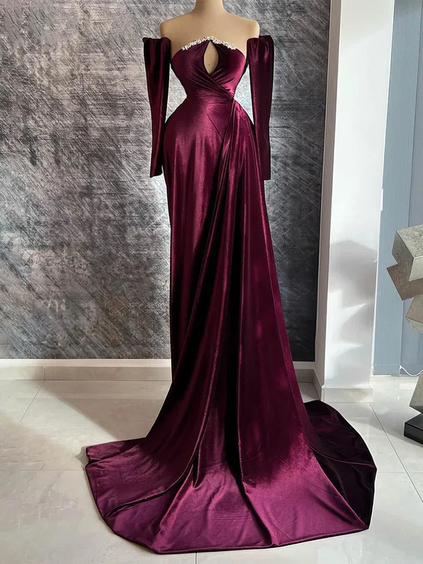 A-line Straight Velvet Sweep Train Beading Prom Dresses #Milly020116117