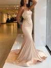 Trumpet/Mermaid Square Neckline Satin Sweep Train Prom Dresses With Beading #Milly020116119