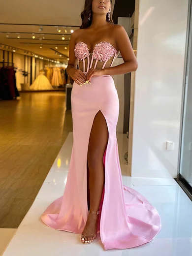Sheath/Column Strapless Satin Corset Prom Dresses With Floral #Milly020116121