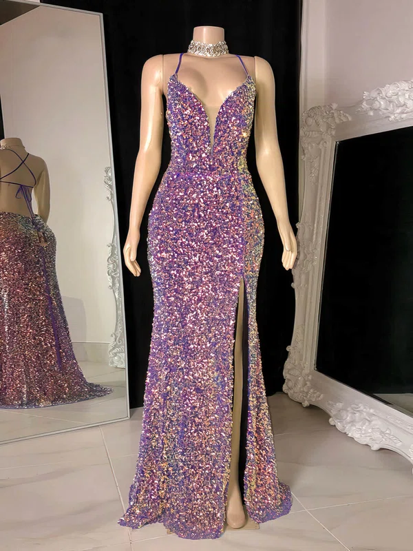 Sheath/Column V-neck Sequined Floor-length Prom Dresses With Split Front #Milly020116125