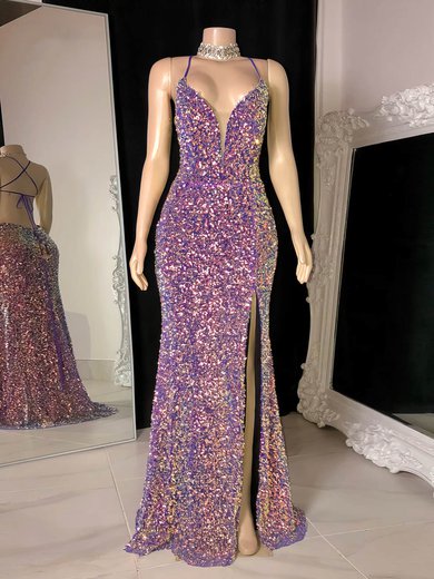 Sheath/Column V-neck Sequined Floor-length Split Front Prom Dresses #Milly020116125