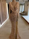 Sheath/Column V-neck Sequined Sweep Train Ruffles Prom Dresses #Milly020116130