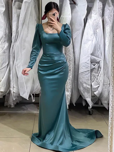 Trumpet/Mermaid Square Neckline Satin Sweep Train Ruffles Prom Dresses #Milly020116135