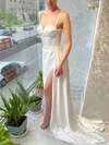 Sheath/Column V-neck Silk-like Satin Sweep Train Ruffles Prom Dresses #Milly020116137