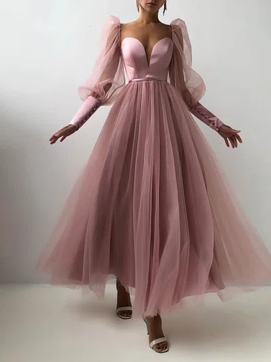 Ball Gown V-neck Ankle-length Tulle Prom Dresses With Long Sleeves #Milly020116145