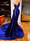 Sheath/Column V-neck Silk-like Satin Sweep Train Beading Prom Dresses #Milly020116148