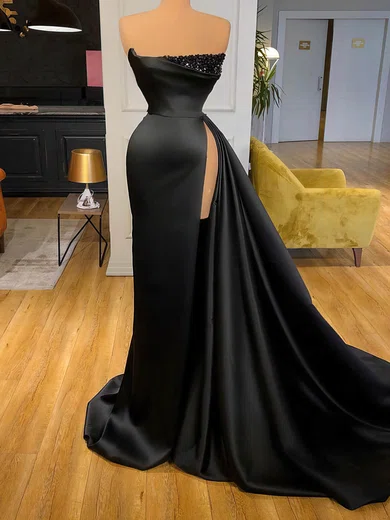 Black Sheath/Column Strapless Satin Prom Dresses With Ruched #Milly020116151