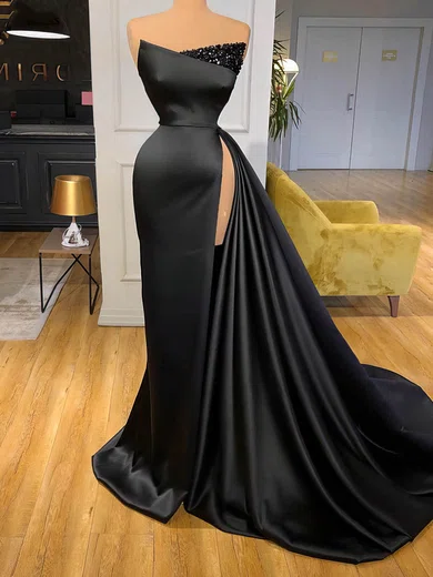 Black Sheath/Column Strapless Satin Prom Dresses With Ruched #Milly020116153