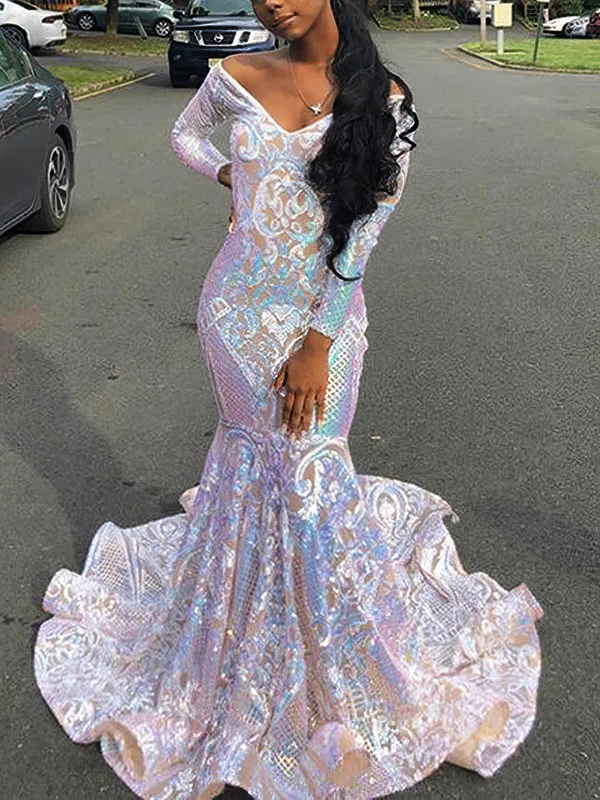 Trumpet/Mermaid Sweep Train Off-the-shoulder Sequined Long Sleeves Prom Dresses #Milly020116157