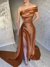 Sheath/Column One Shoulder Silk-like Satin Sweep Train Prom Dresses With Split Front #Milly020116161