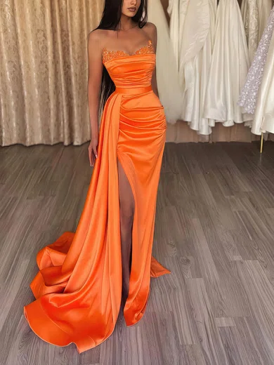 Sheath/Column Strapless Satin Prom Dresses With Ruched #Milly020116177