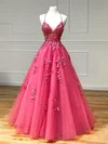 Ball Gown V-neck Tulle Glitter Sweep Train Appliques Lace Prom Dresses #Milly020116179