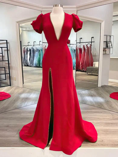 Red Mermaid V-neck Stretch Crepe Prom Dresses With Beading #Milly020116186