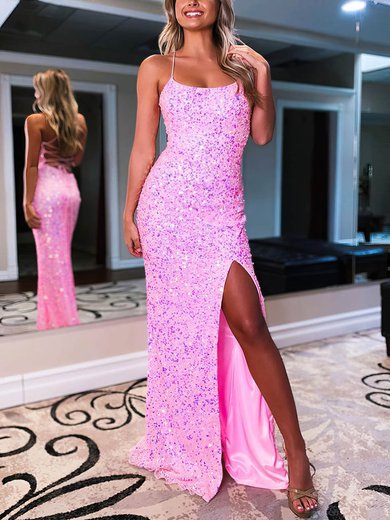 Sheath/Column Scoop Neck Sequined Sweep Train Prom Dresses With Split Front S020116190