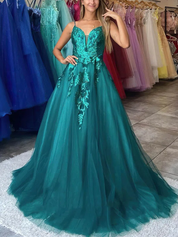 Ball Gown V-neck Tulle Sweep Train Appliques Lace Prom Dresses #Milly020116191