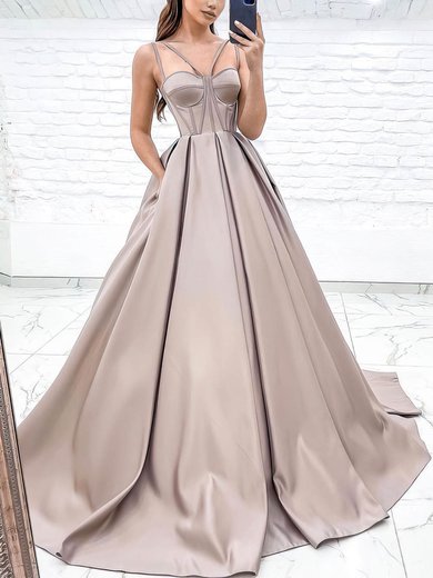 Ball Gown/Princess Sweetheart Satin Sweep Train Prom Dresses With Pockets #Milly020116192