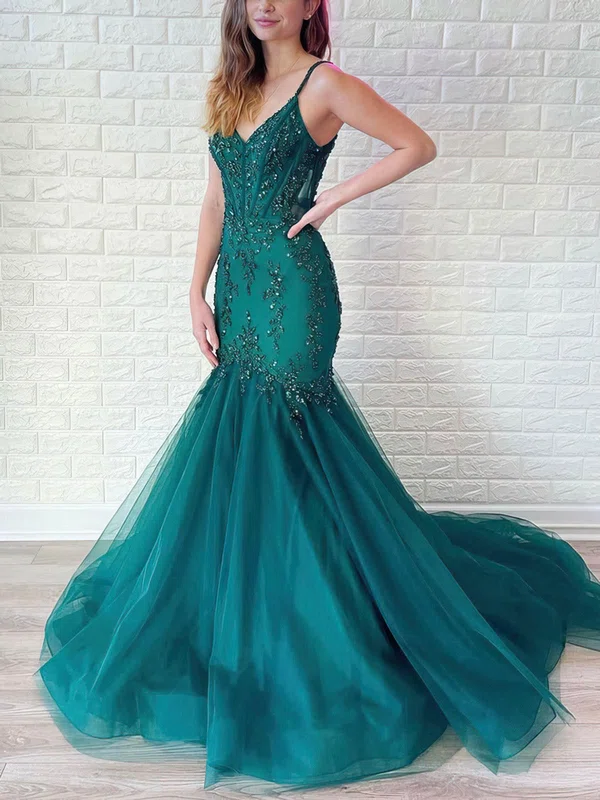 Trumpet/Mermaid V-neck Tulle Sweep Train Prom Dresses With Beading #Milly020116195
