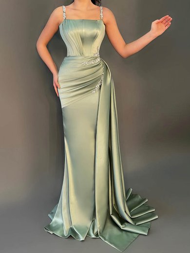 Sheath/Column Square Neckline Satin Sweep Train Prom Dresses With Beading #Milly020116198