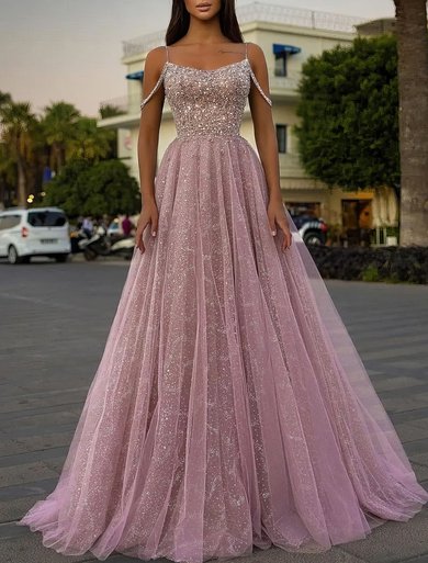 Ball Gown Scoop Neck Tulle Glitter Floor-length Prom Dresss With Beading #Milly020116212