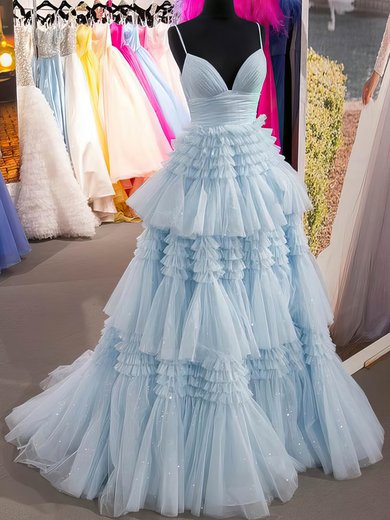 Ball Gown V-neck Tulle Glitter Sweep Train Tiered Prom Dresses #Milly020116217