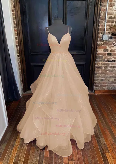 Champagne Gold Sequin Rufles Lace Up Tulle Prom Dress Champagne Gold Sequin Rufles Lace Up Tulle Prom Dress