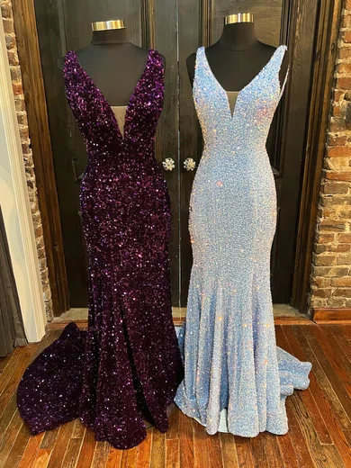 Mermaid V-neck Backless Sparkly Velvet Sequin Prom Dresses #Milly020116241