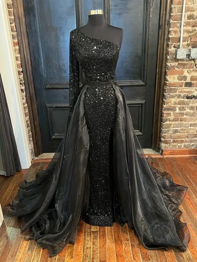 Ball Gown One Shoulder Long Sleeves Sparkly Sequin Tulle Prom Dresses #Milly020116303