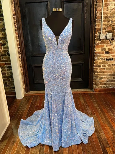 Mermaid V-neck Backless Sparkly Sequin Prom Dresses #Milly020116319